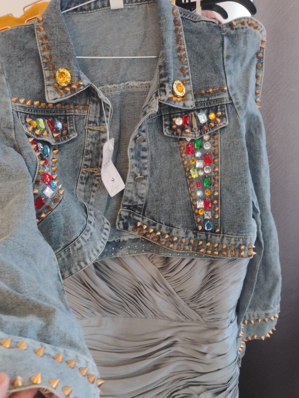 Embellished Denim Jacket with Multi-Color Gems